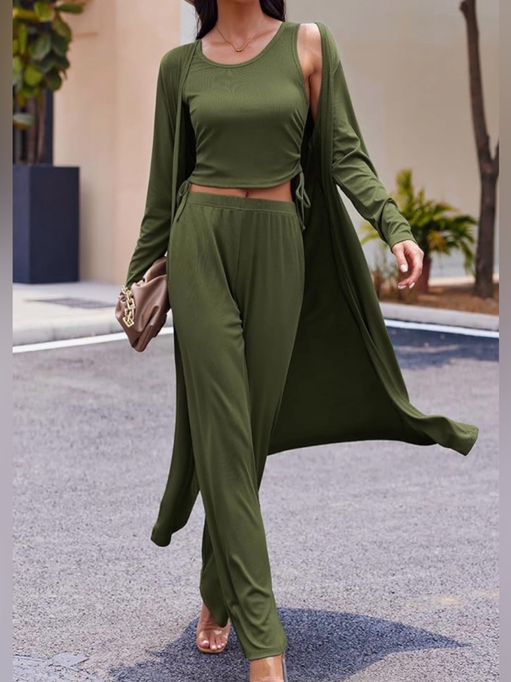 Ekouaer Women L Hunter Green Ribbed Lounge Cardigan Lightweight 3-Piece Set New